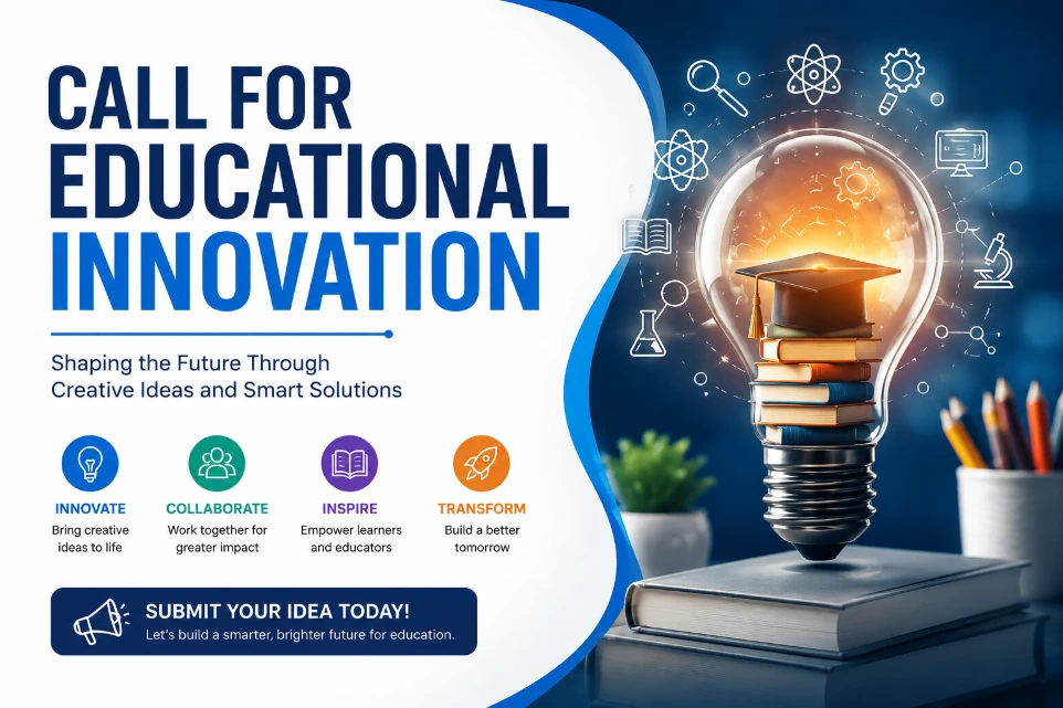 Educational Innovation Image  Purpose:  "Call for Educational Innovation" campaigns Conferences Workshops AI education programs Academic technology initiatives  Message it conveys:  Transforming education through innovation, AI, and modern technology.